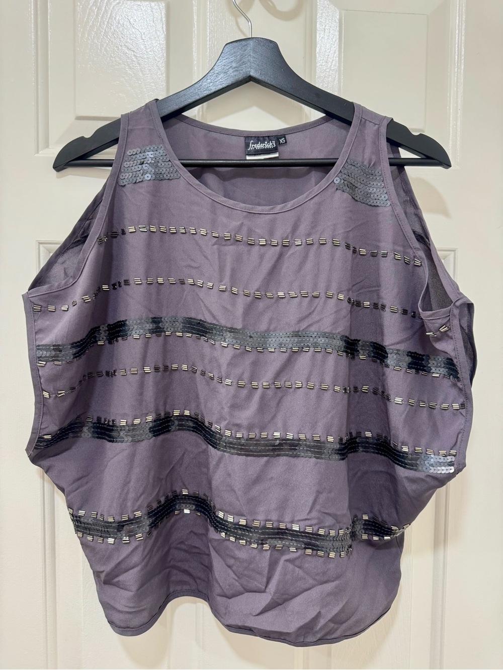 Frederick's of Hollywood Grey Sequin Cold-Shoulder Blouse Top